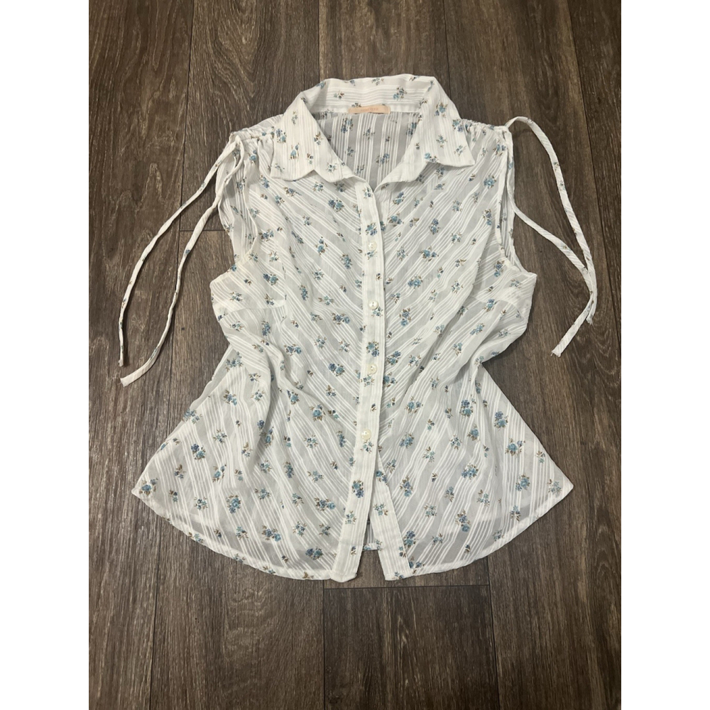 VTG Forever 21 Floral Sheer Blouse Tie Shoulder Button Front Boho Cottage
